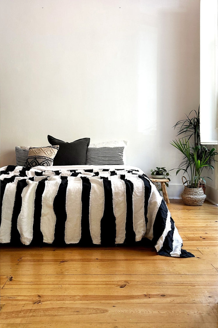 black and white striped linen bedspread