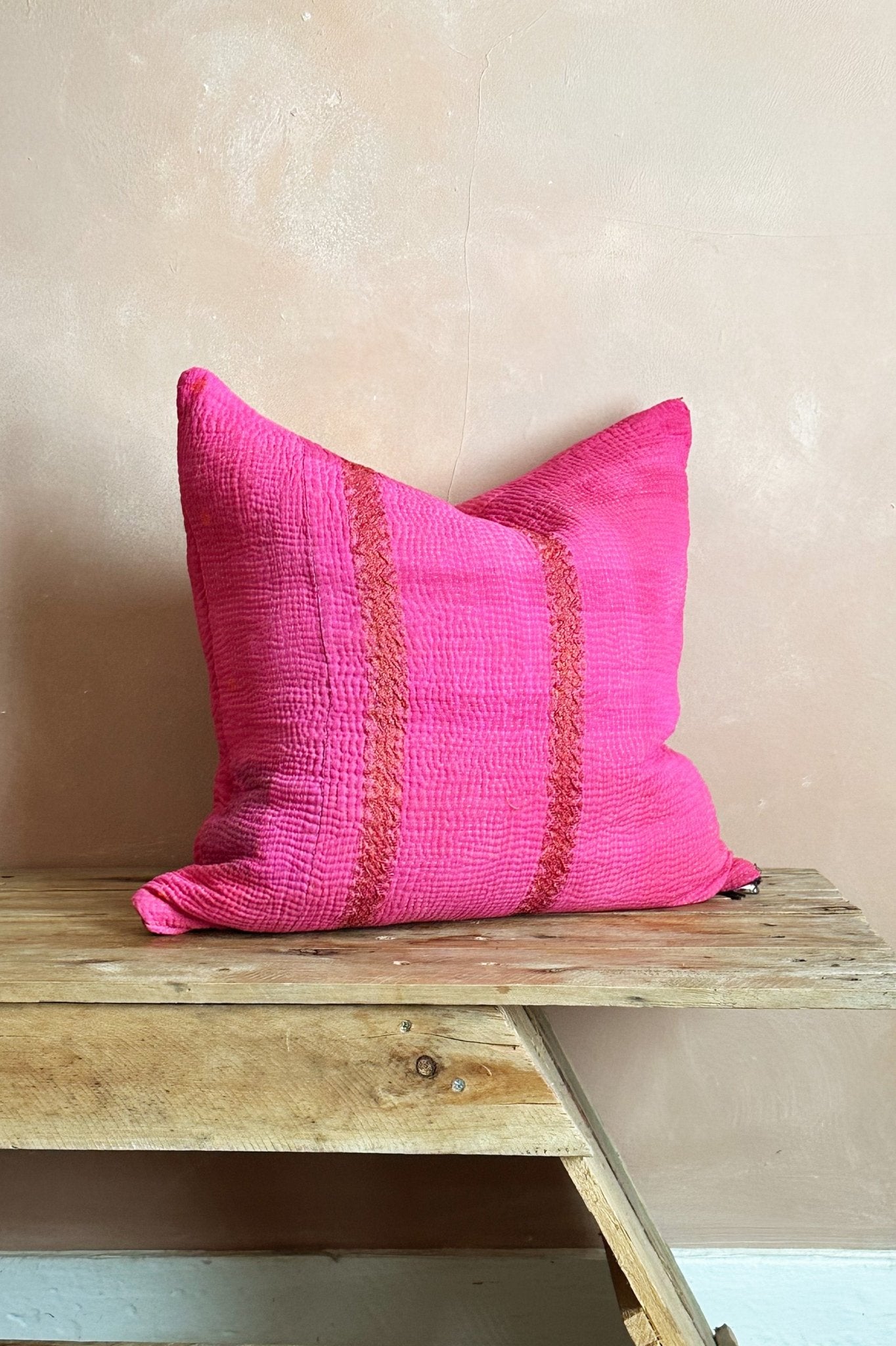 Bright Pink Square Vintage Kantha Cushion 45cm - Biggs & Hill