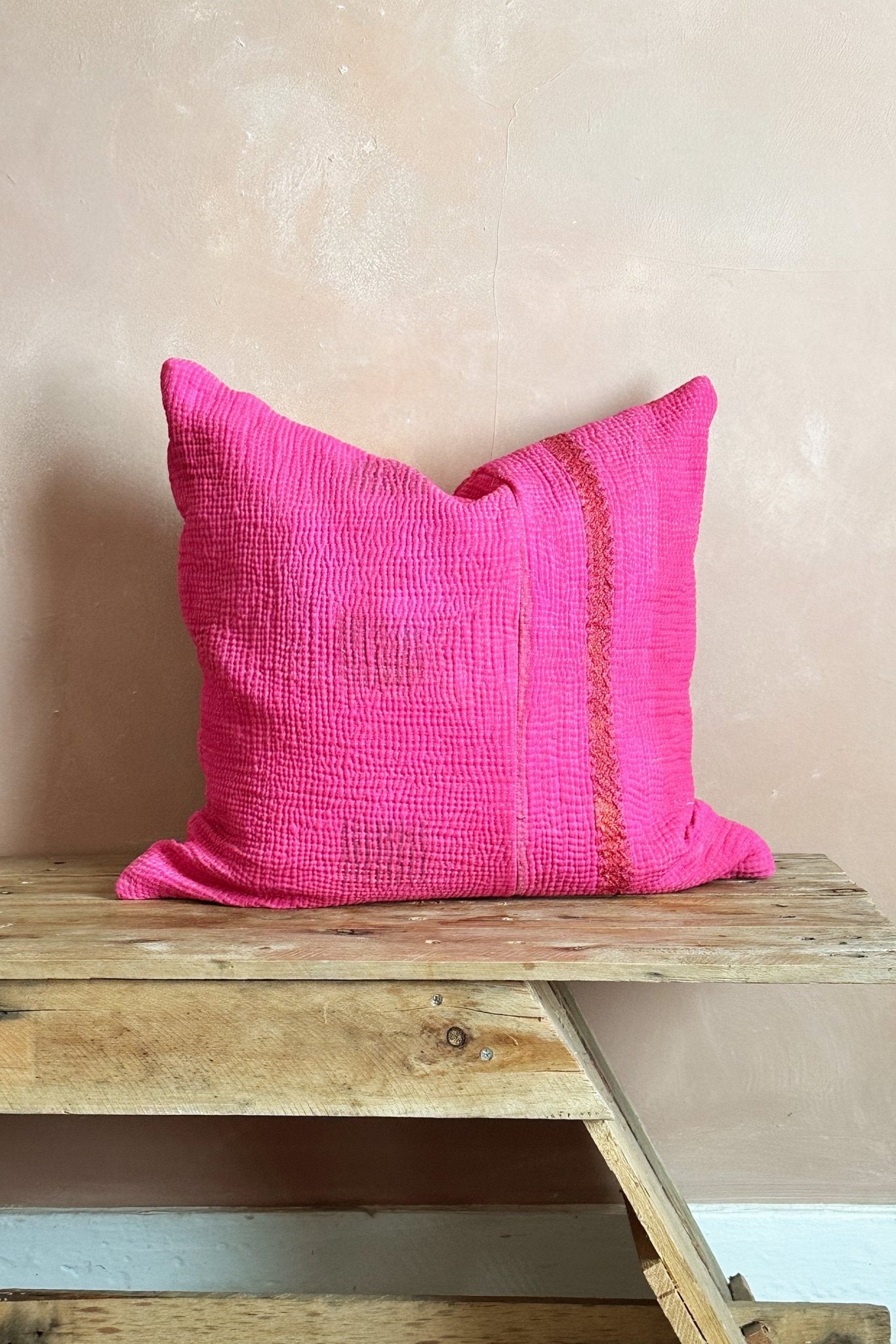 Bright Pink Square Vintage Kantha Cushion 45cm - Biggs & Hill