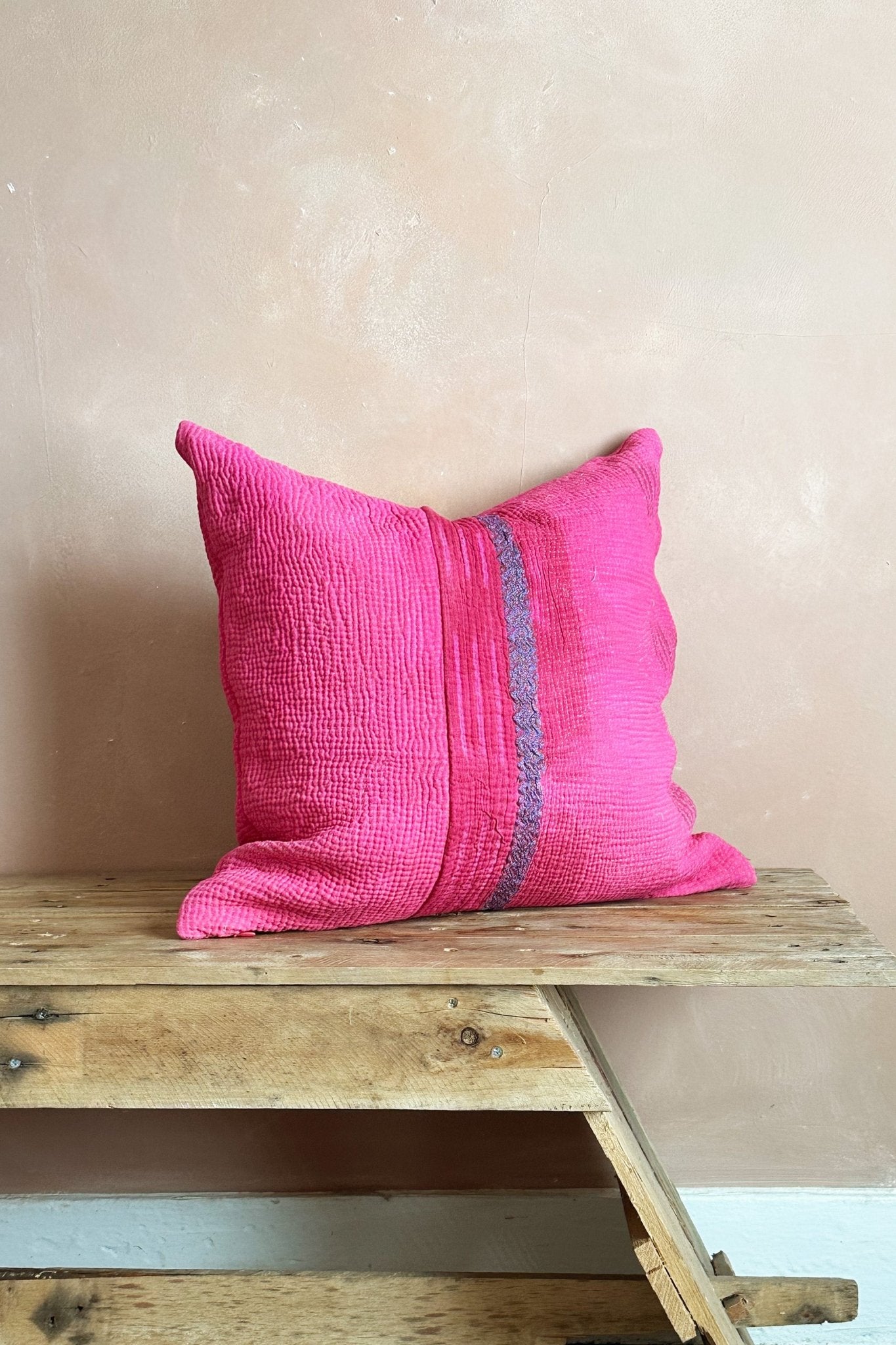 Bright Pink Square Vintage Kantha Cushion 45cm - Biggs & Hill