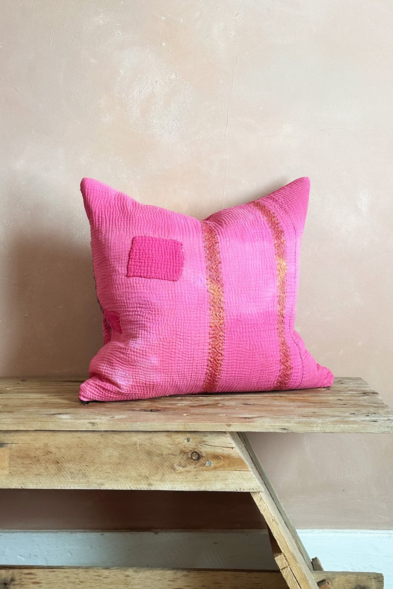 Bright Pink Square Vintage Kantha Cushion 45cm - Biggs & Hill