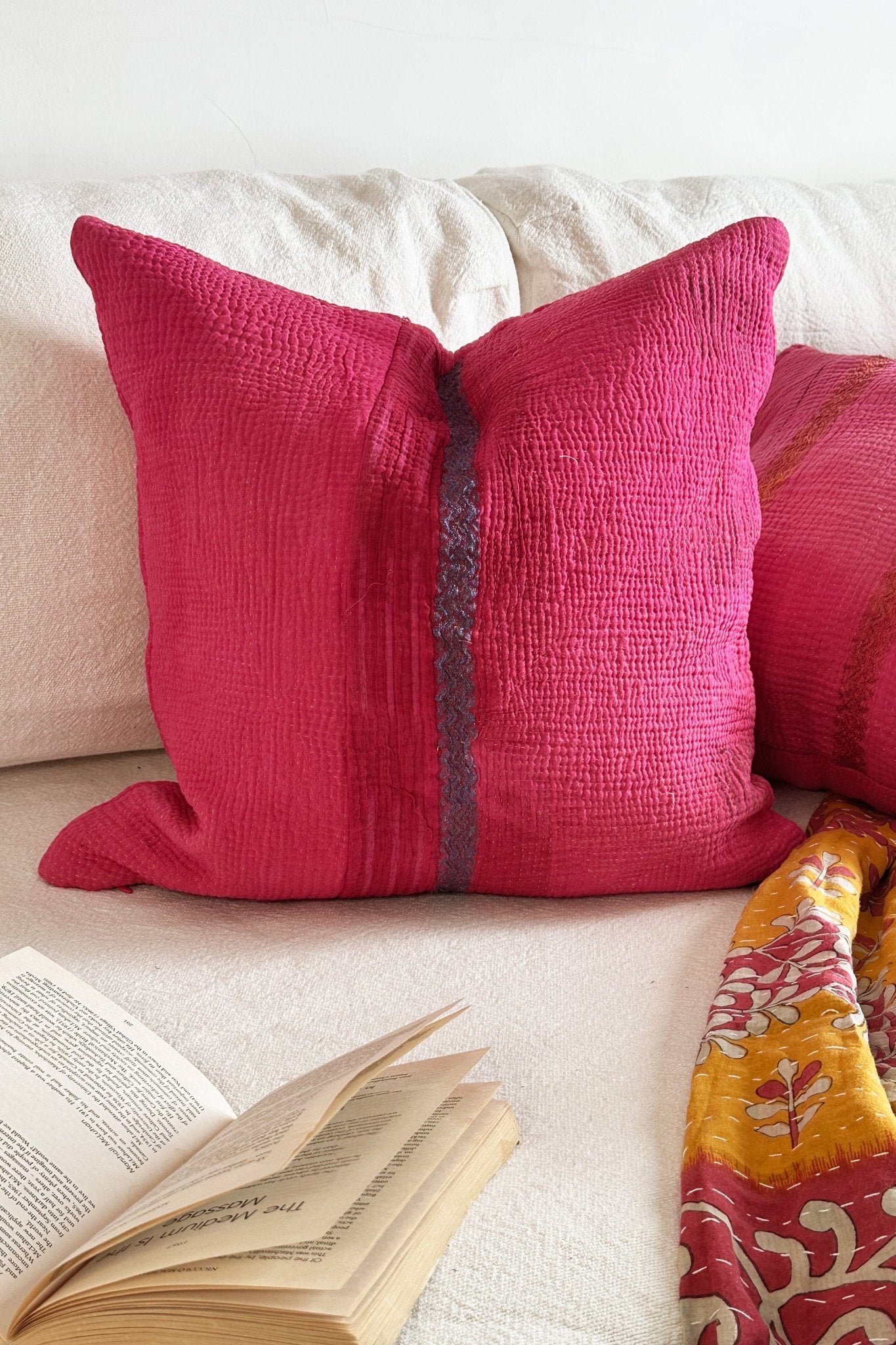 Bright Pink Square Vintage Kantha Cushion 45cm - Biggs & Hill