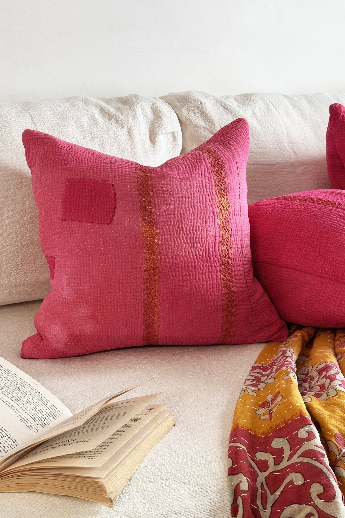 Bright Pink Square Vintage Kantha Cushion 45cm - Biggs & Hill