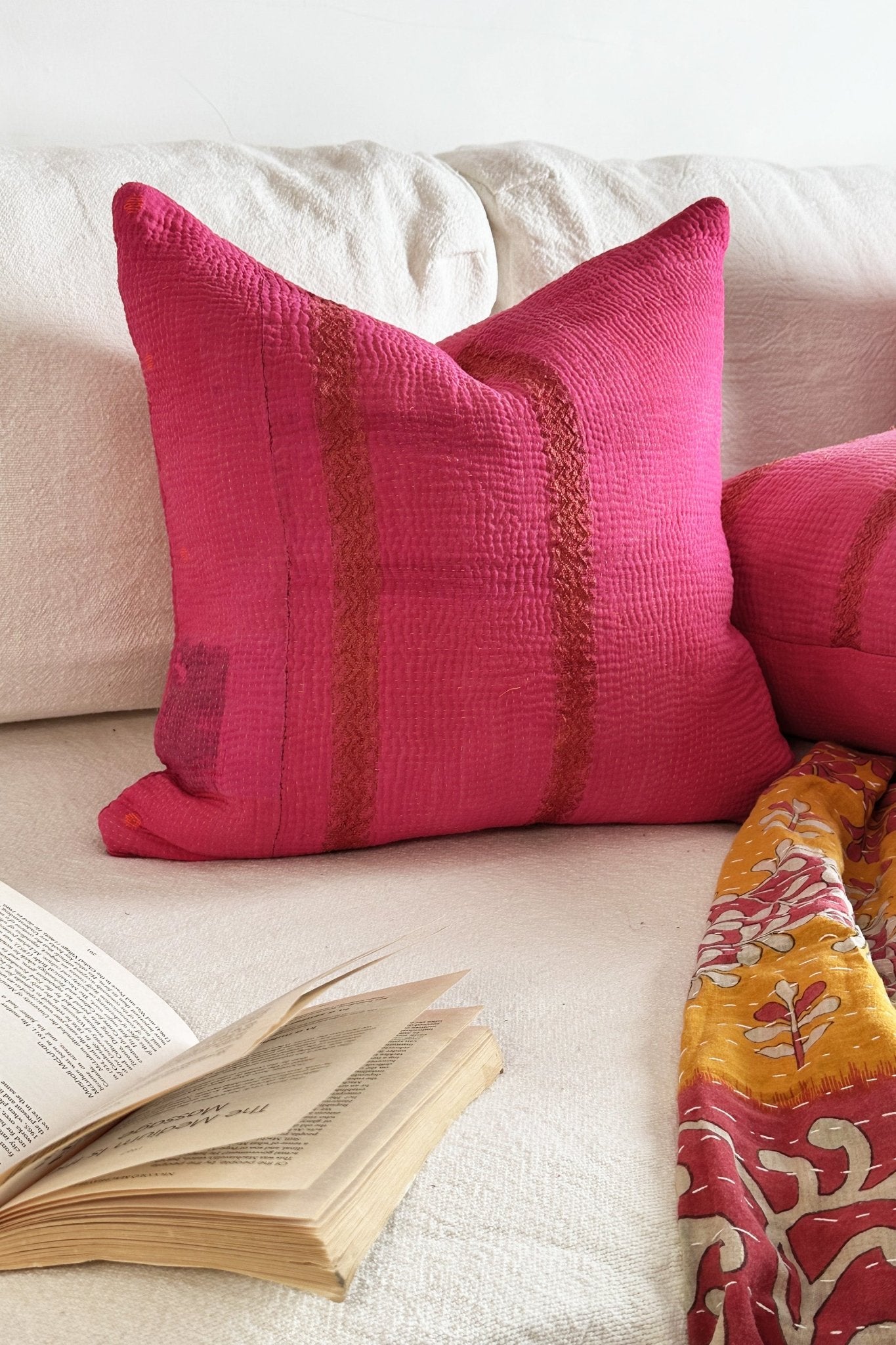 Bright Pink Square Vintage Kantha Cushion 45cm - Biggs & Hill