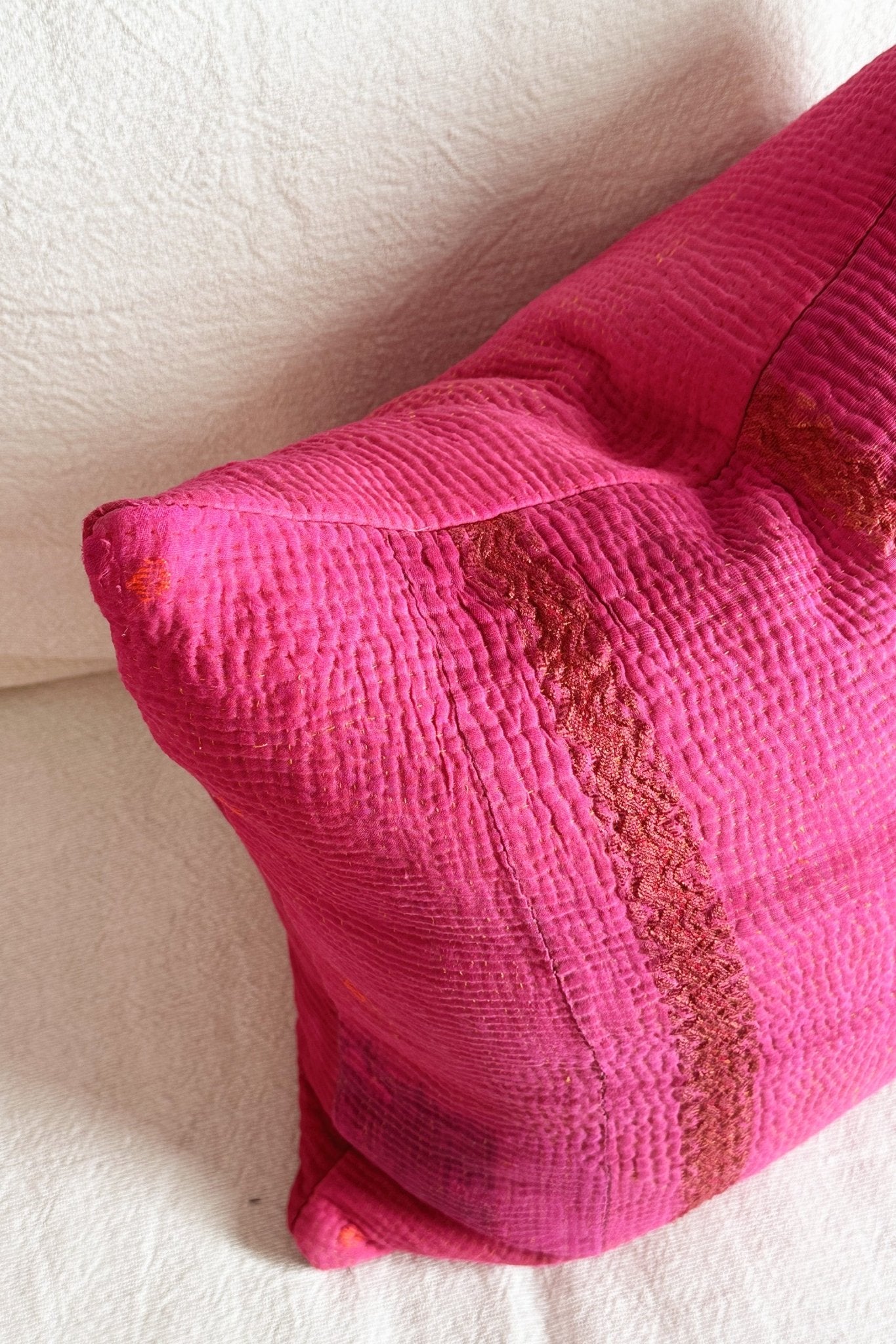 Bright Pink Square Vintage Kantha Cushion 45cm - Biggs & Hill