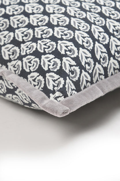 Handmade Grey Floral Printed Cushion Cover With Velvet Trim - Biggs & Hill