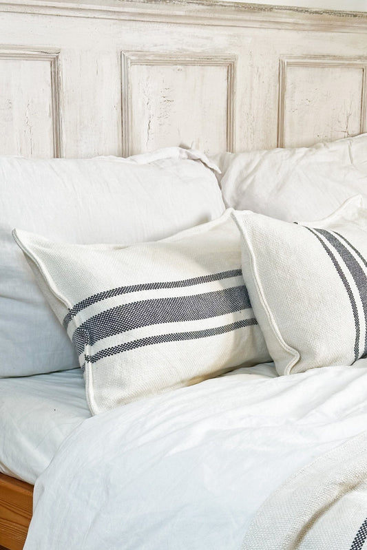 Grey And Cream Horizontal Stripe Heavy Linen Rectangular Cushion - Biggs & Hill