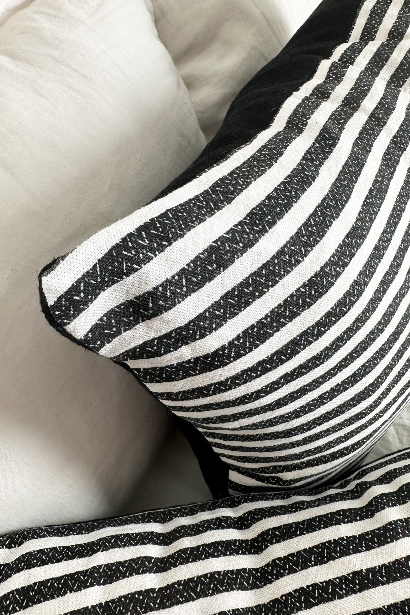 Black and White Striped Cotton And Linen Rectangular Cushion - Biggs & Hill