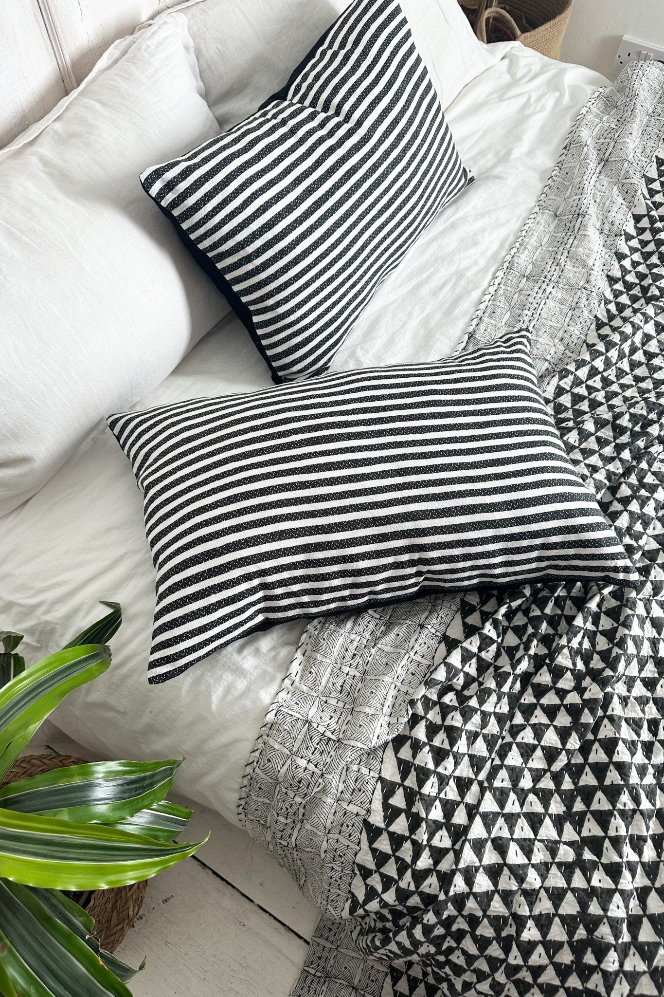 Black and White Striped Cotton And Linen Rectangular Cushion - Biggs & Hill