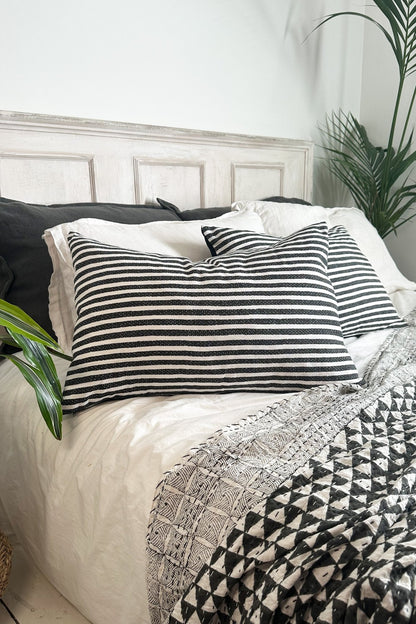 Black and White Striped Cotton And Linen Rectangular Cushion - Biggs & Hill