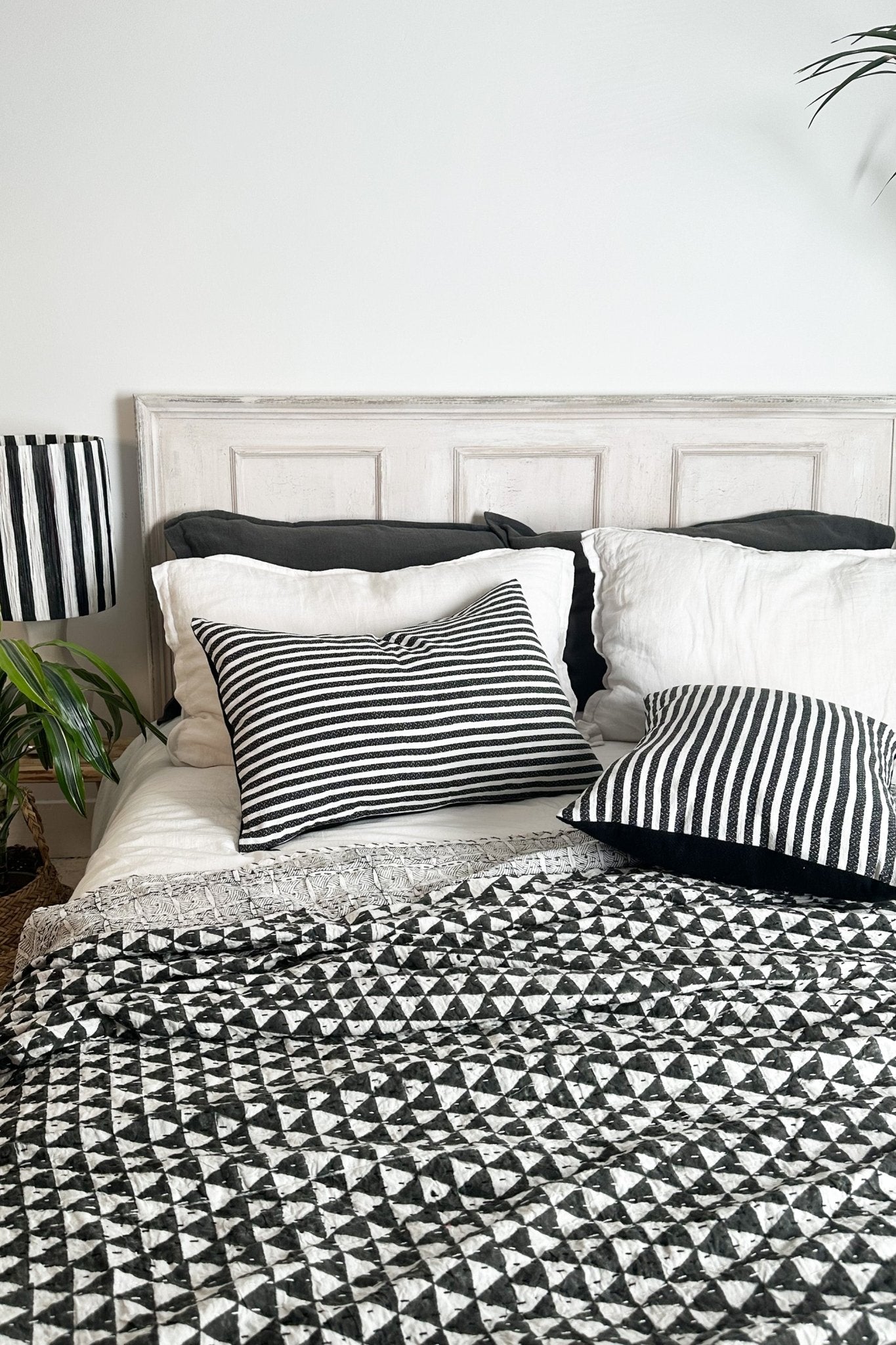 Black and White Triangle Print King Size Kantha Bedspread - Biggs & Hill