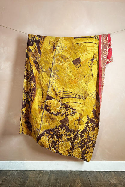 Large Vintage Kantha Quilt In Abstract Floral Yellow and Red - Biggs & Hill