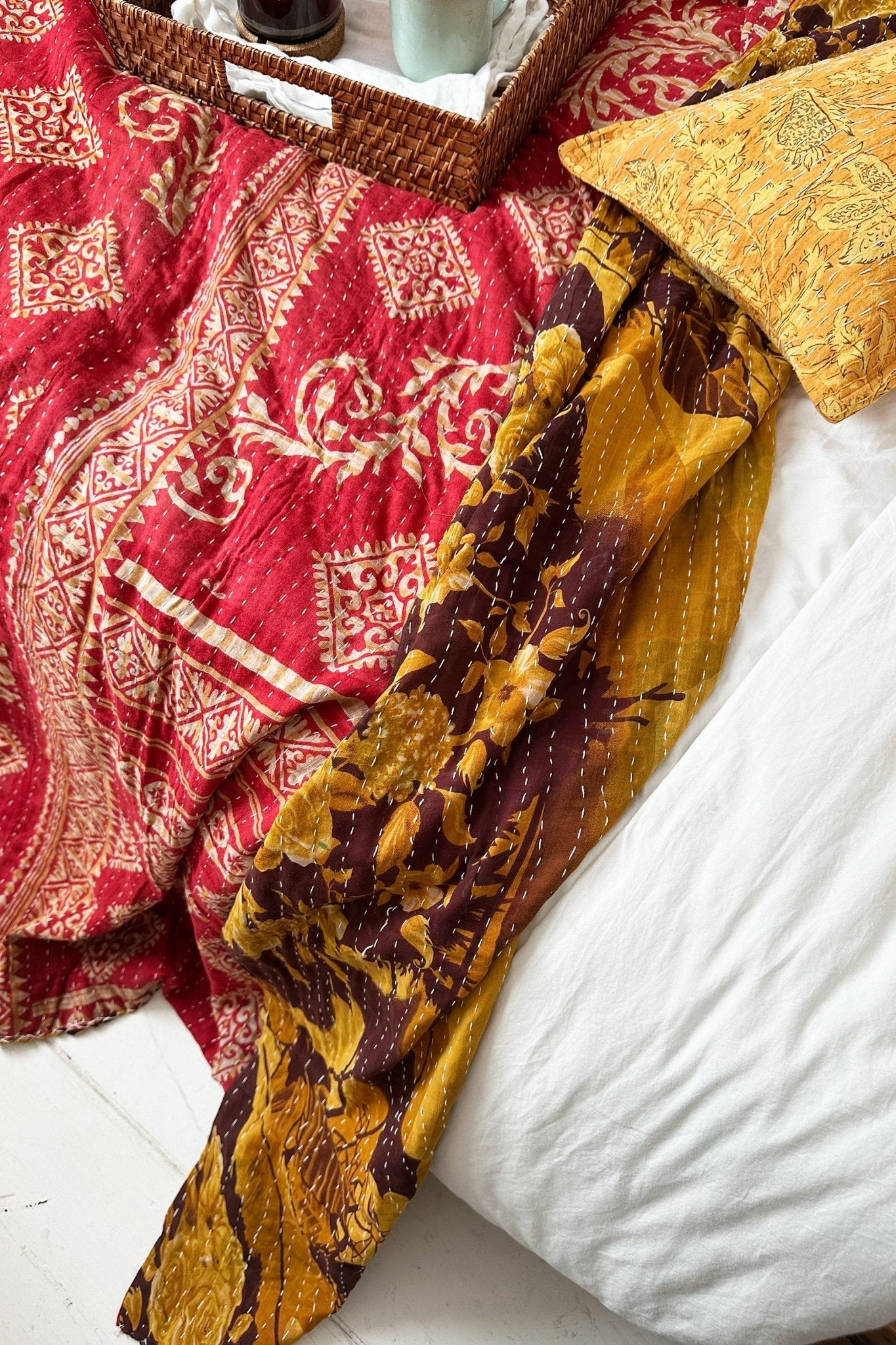 Large Vintage Kantha Quilt In Abstract Floral Yellow and Red - Biggs & Hill