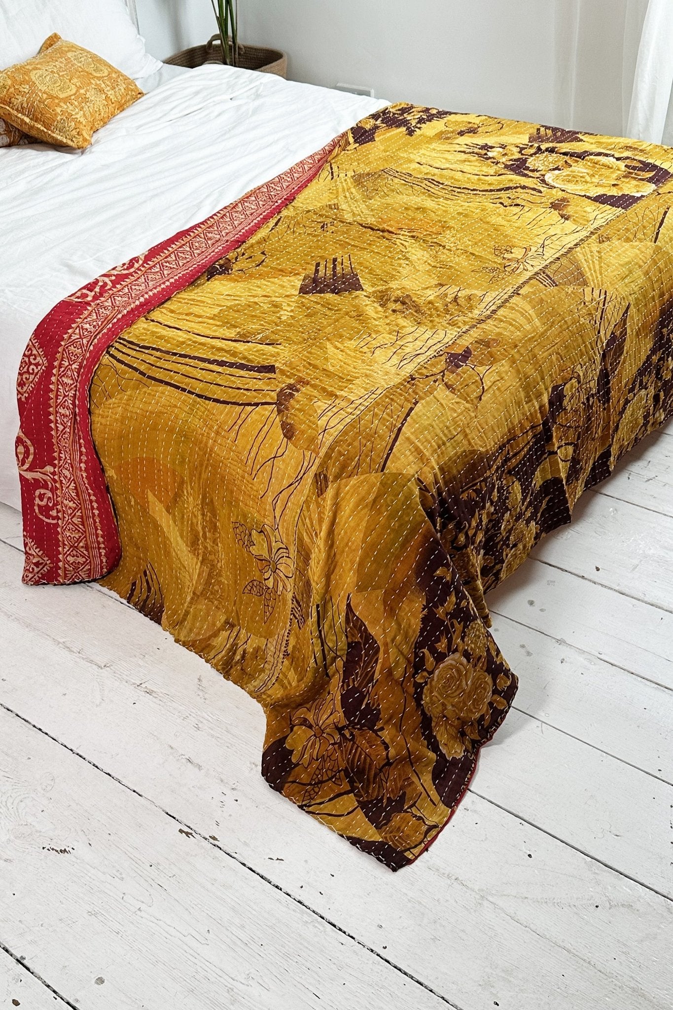 Large Vintage Kantha Quilt In Abstract Floral Yellow and Red - Biggs & Hill