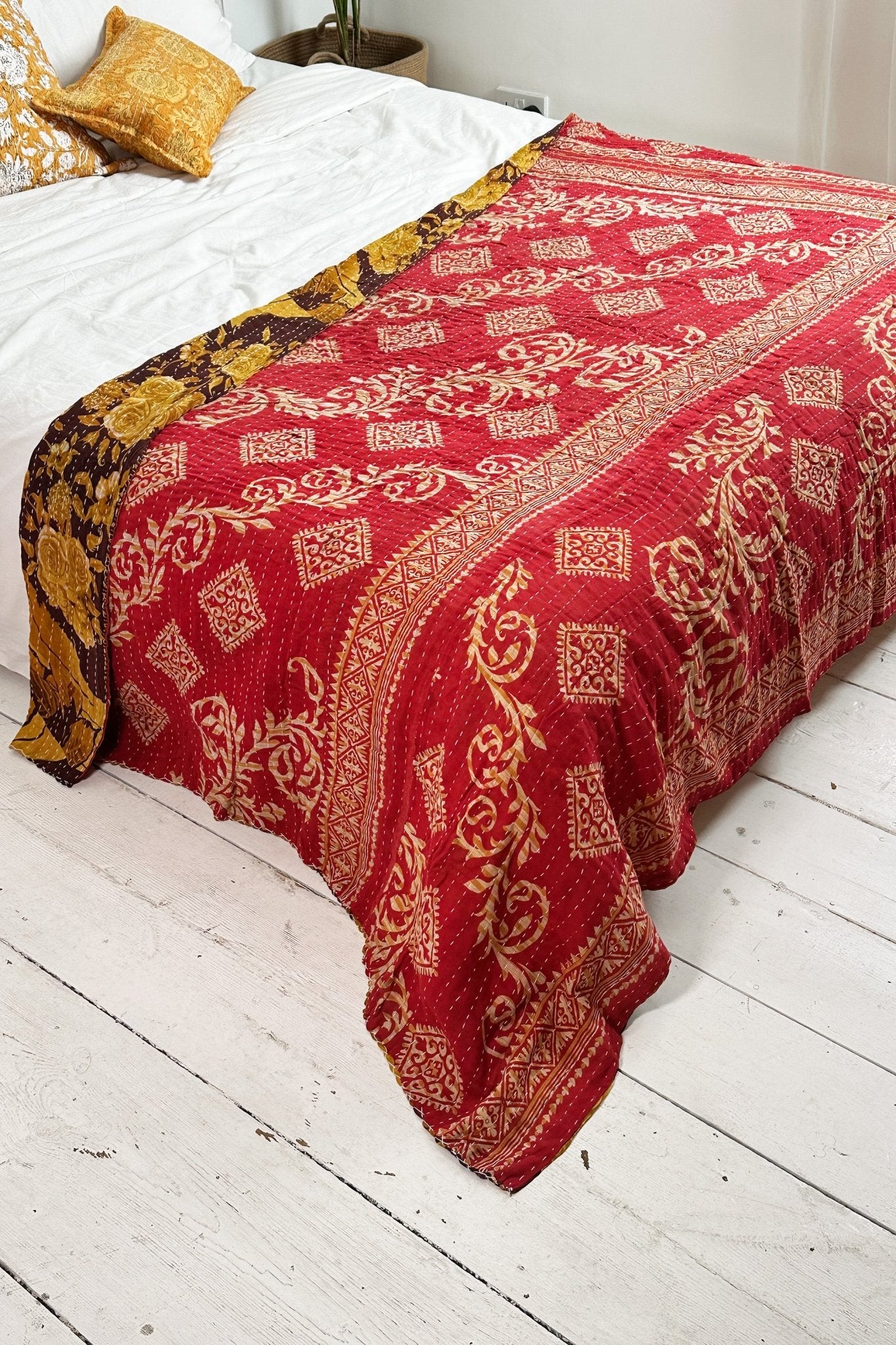 Large Vintage Kantha Quilt In Abstract Floral Yellow and Red - Biggs & Hill