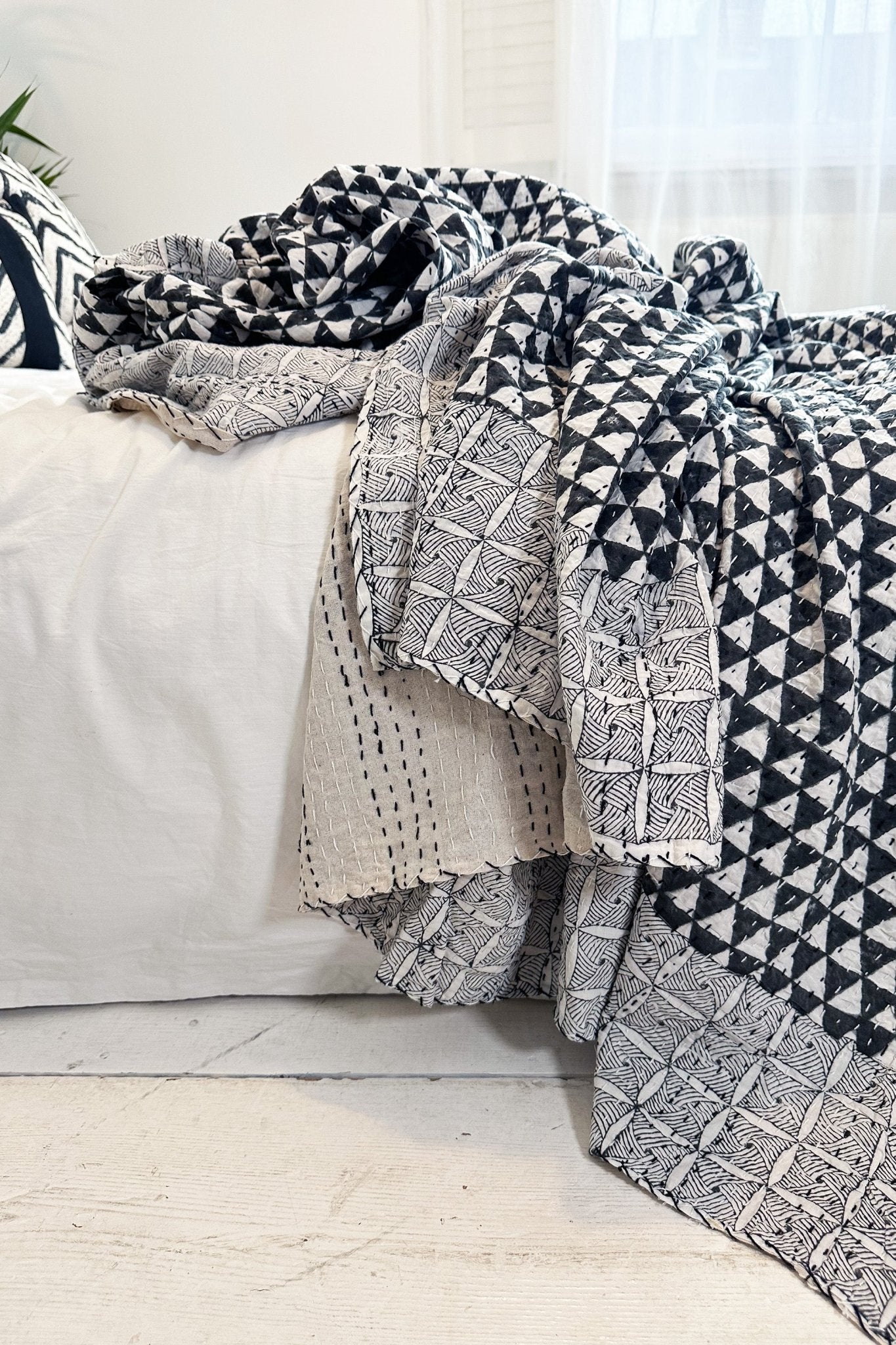 Black and White Triangle Print King Size Kantha Bedspread - Biggs & Hill