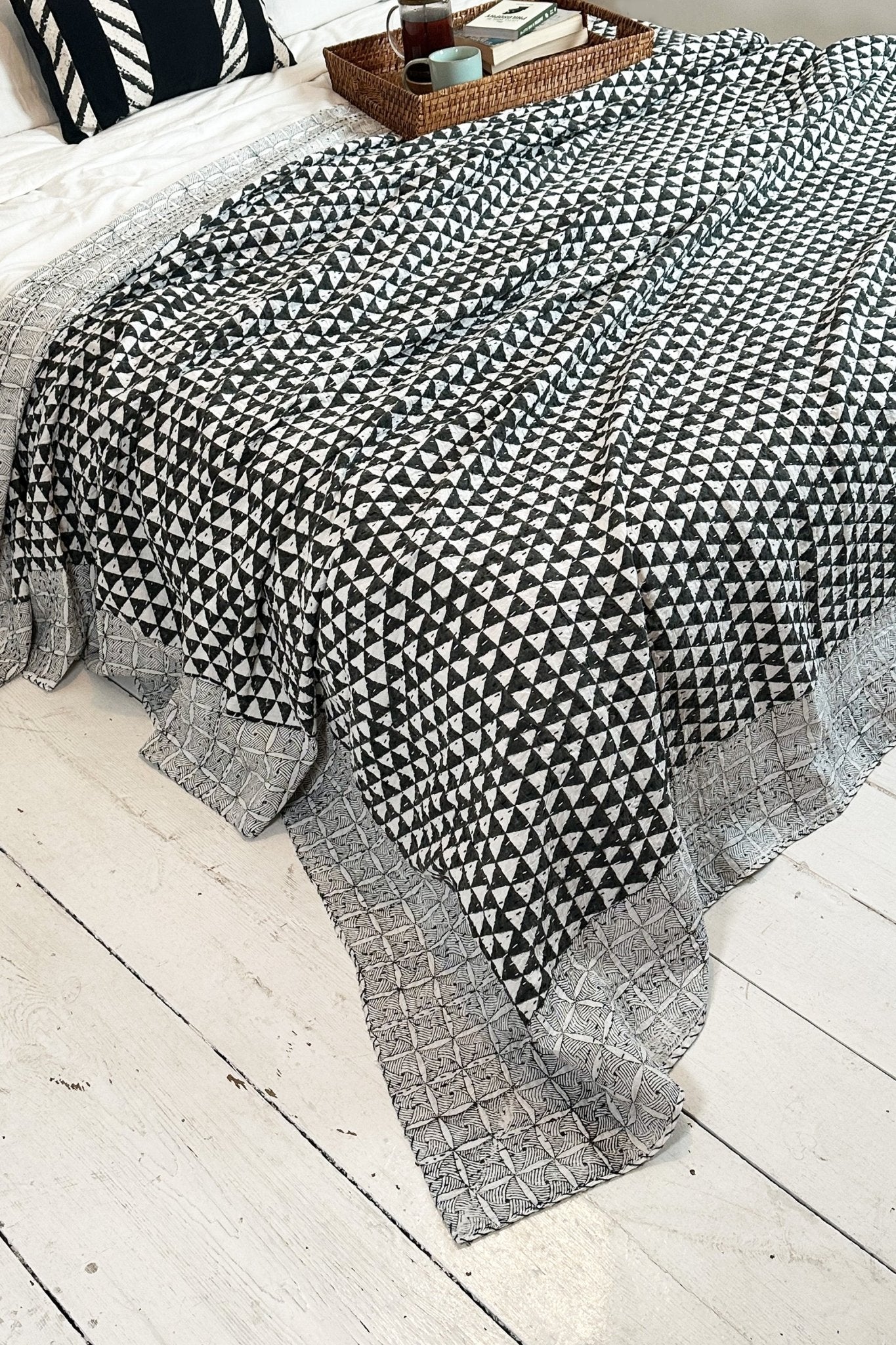 Black and White Triangle Print King Size Kantha Bedspread - Biggs & Hill