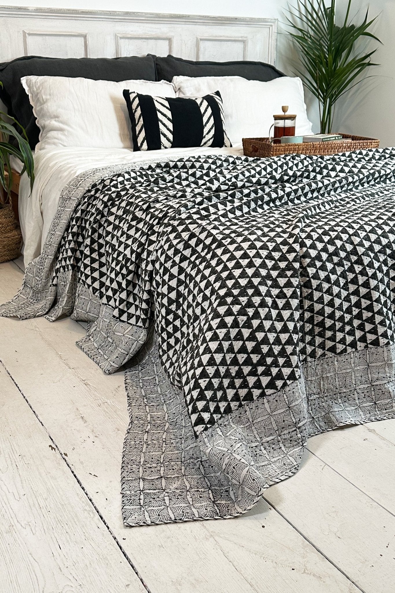 Black and White Triangle Print King Size Kantha Bedspread - Biggs & Hill