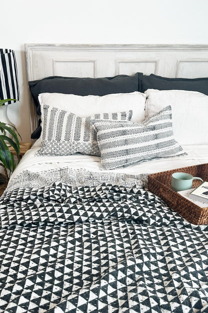 Black and White Triangle Print King Size Kantha Bedspread - Biggs & Hill