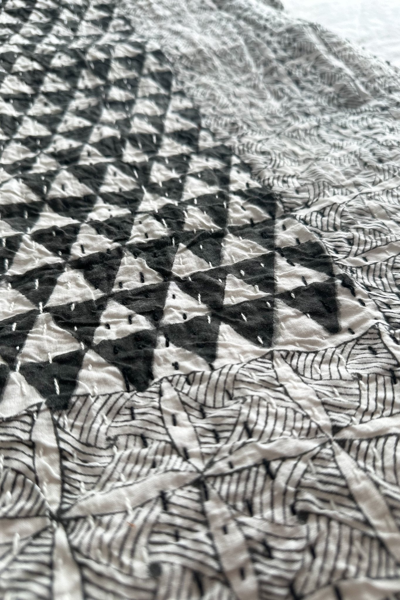 Black and White Triangle Print King Size Kantha Bedspread - Biggs & Hill