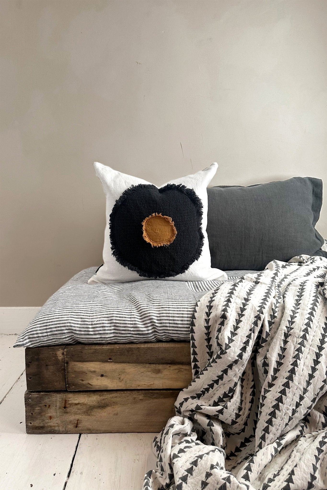 Circle Pattern Black, White and Mustard Linen Cushion - Biggs & Hill