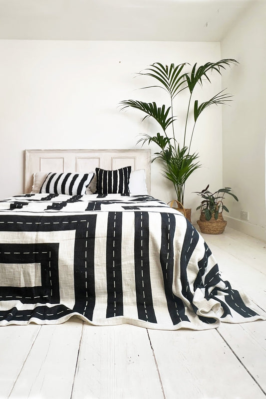 Black And White Cotton Geometric Monochrome Bedspread, King Size - Biggs & Hill - Cotton Bedspread - bed throw - bedding