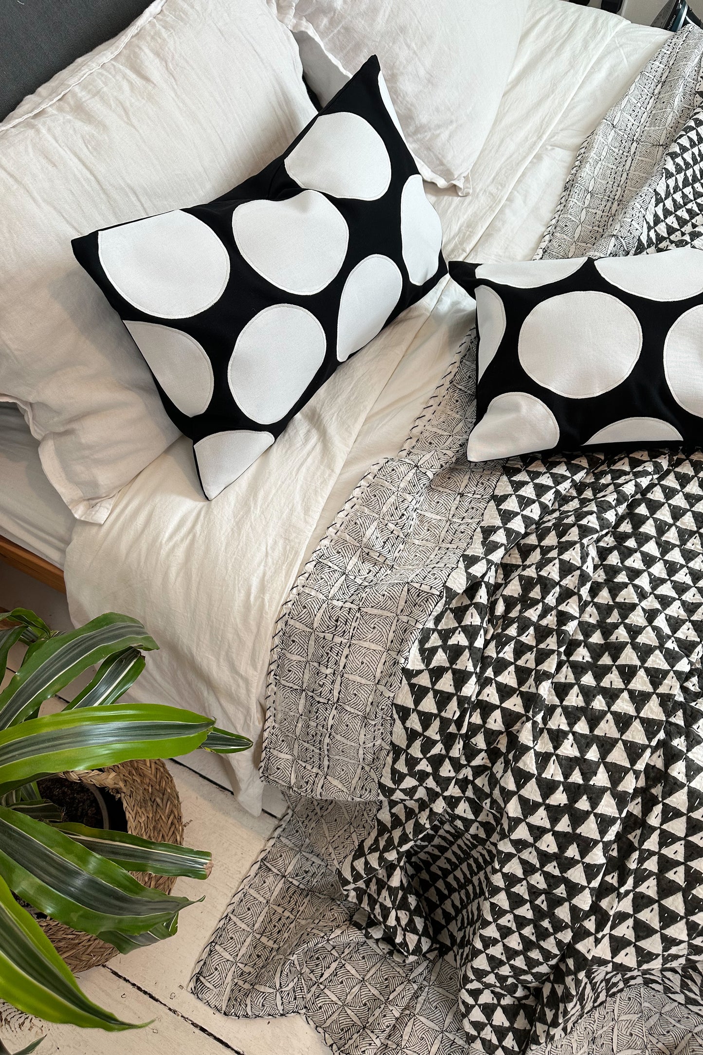 Black and White Spot Hand Appliqué Cotton Cushions