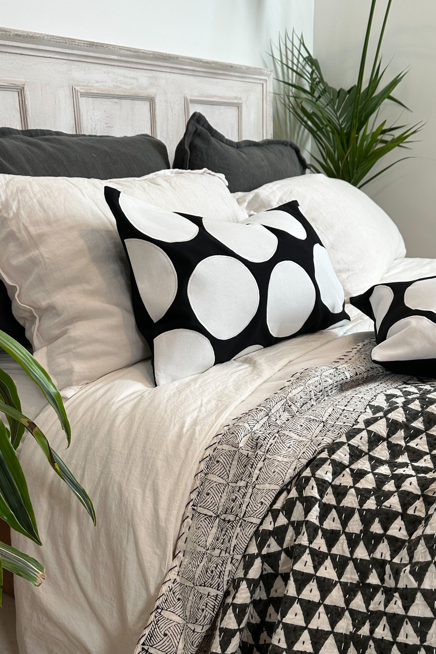 Black and White Spot Hand Appliqué Cotton Cushions