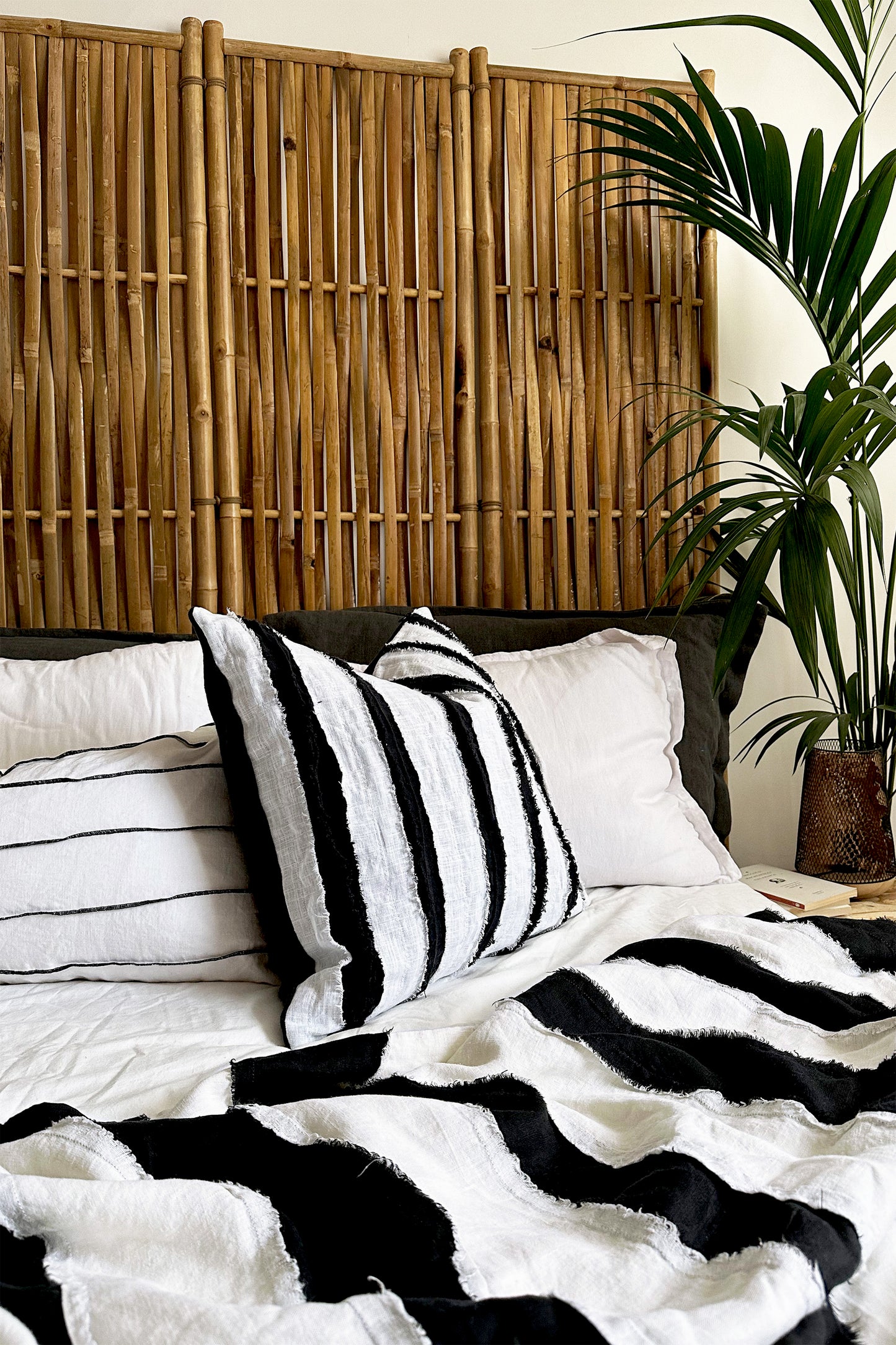 Black And White Linen Striped Cushion, Square With Textured Stripes