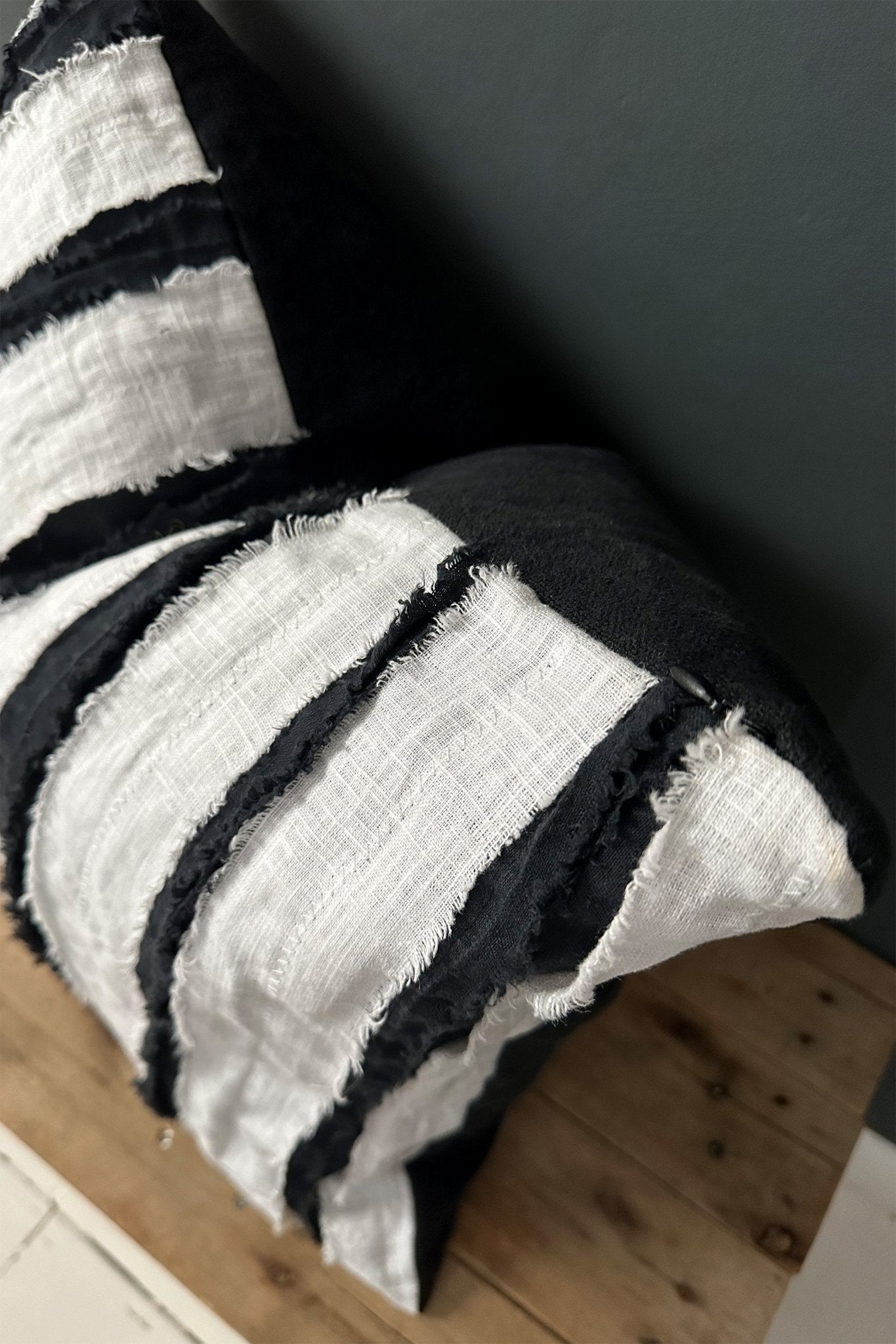 Black And White Linen Striped Cushion, Square With Textured Stripes - Biggs & Hill - Cushion Covers - abstract cushion - black stripes - black white cushion