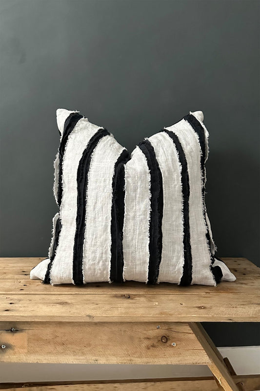 Black And White Linen Striped Cushion, Square With Textured Stripes - Biggs & Hill - Cushion Covers - abstract cushion - black stripes - black white cushion