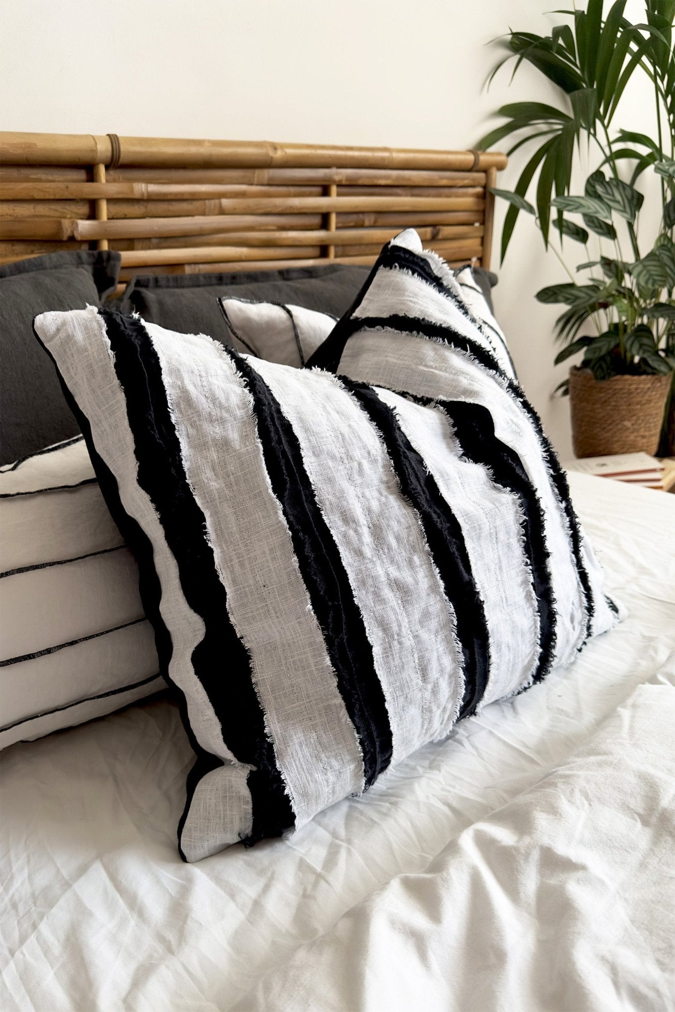 Black And White Linen Striped Cushion, Square With Textured Stripes - Biggs & Hill - Cushion Covers - abstract cushion - black stripes - black white cushion