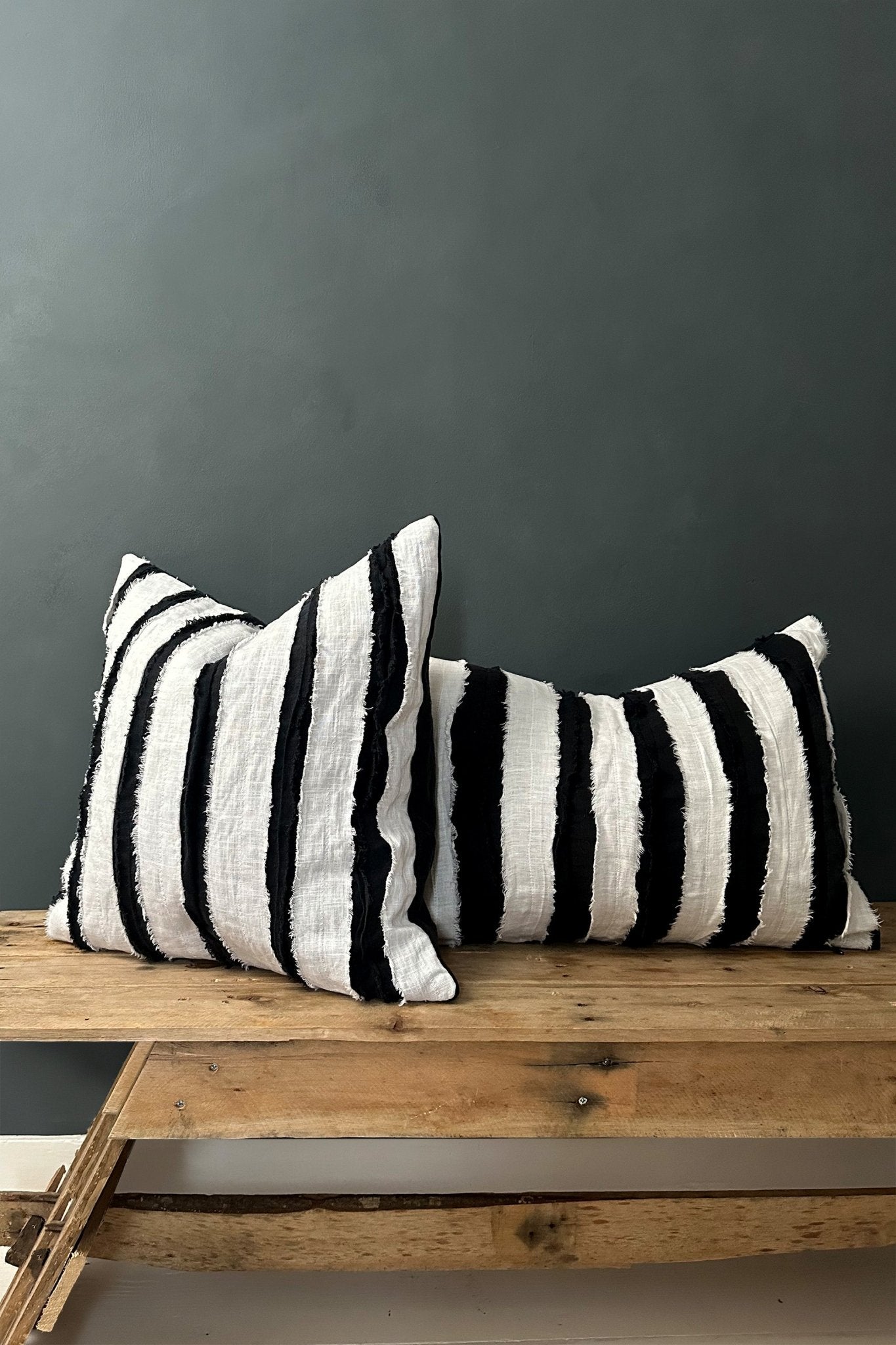 Black And White Linen Striped Cushion, Square With Textured Stripes - Biggs & Hill - Cushion Covers - abstract cushion - black stripes - black white cushion