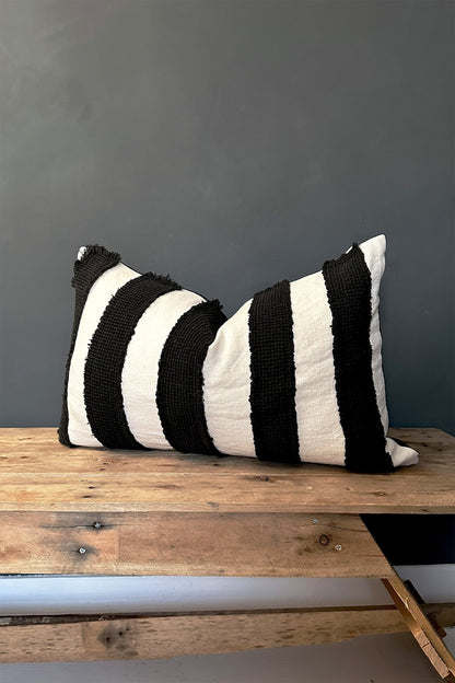 Black and Cream Striped Textured 100% Linen Cushion Cover - Biggs & Hill