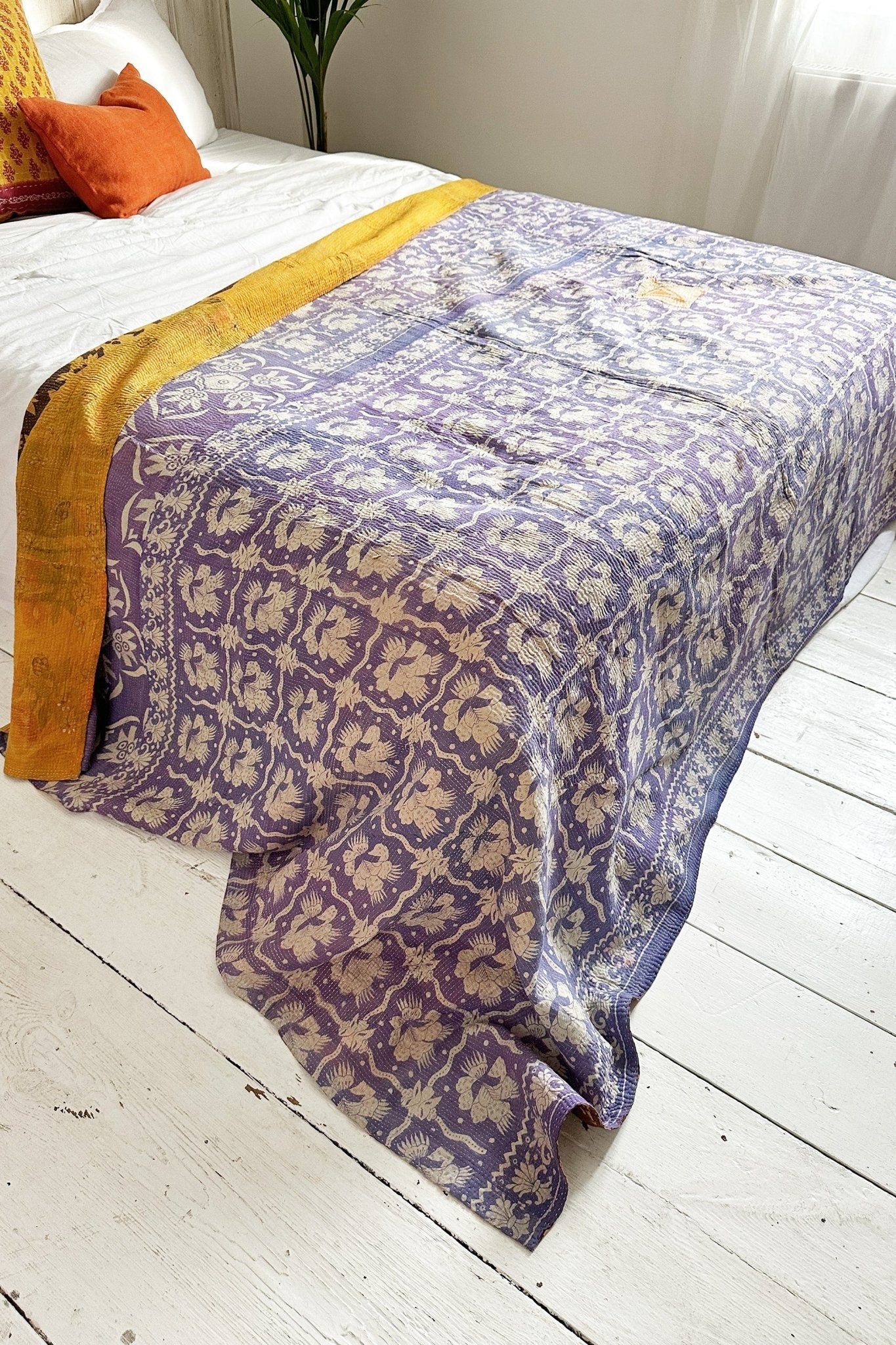 Large Vintage Fine Stitched Kantha Quilt In Autumnal Browns and Blue - Biggs & Hill