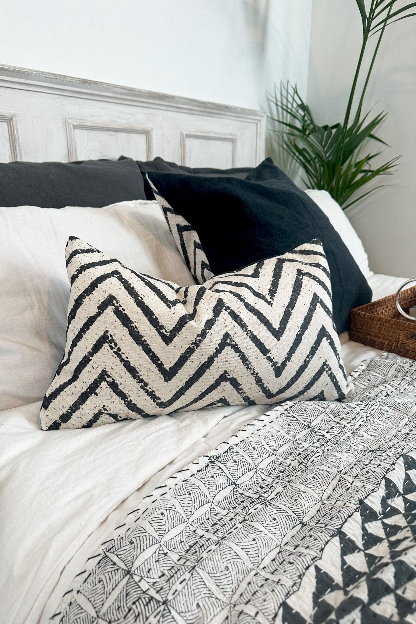 Black and Cream Chevron Rectangular Cotton And Linen Cushion - Biggs & Hill