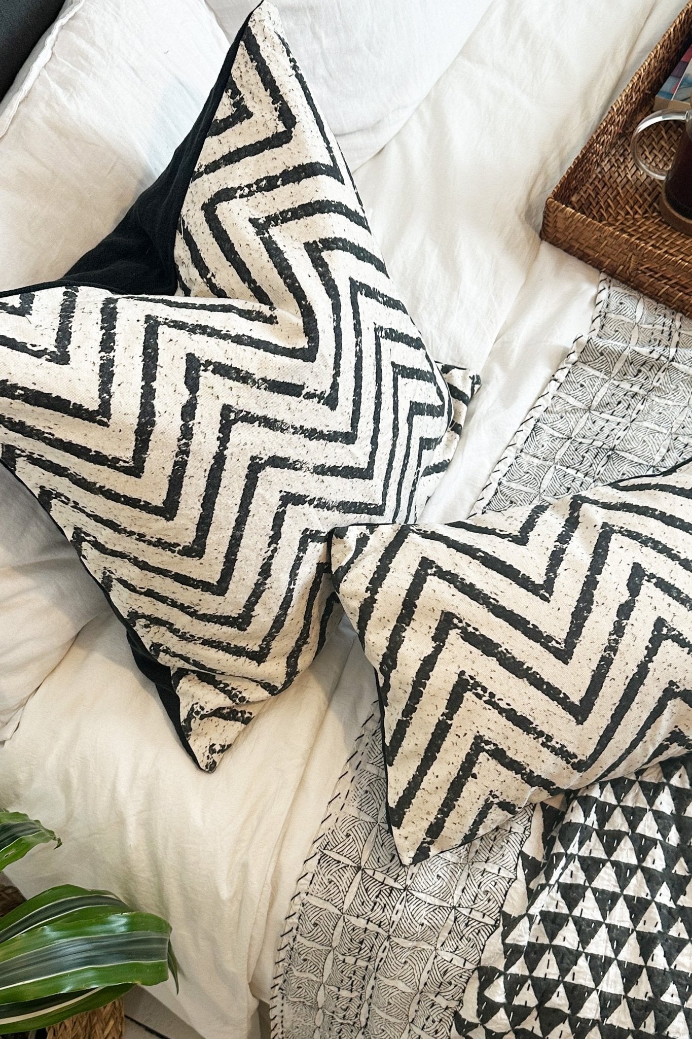 Large Black and Cream Chevron Cushion Cover in Cotton and Linen - Biggs & Hill