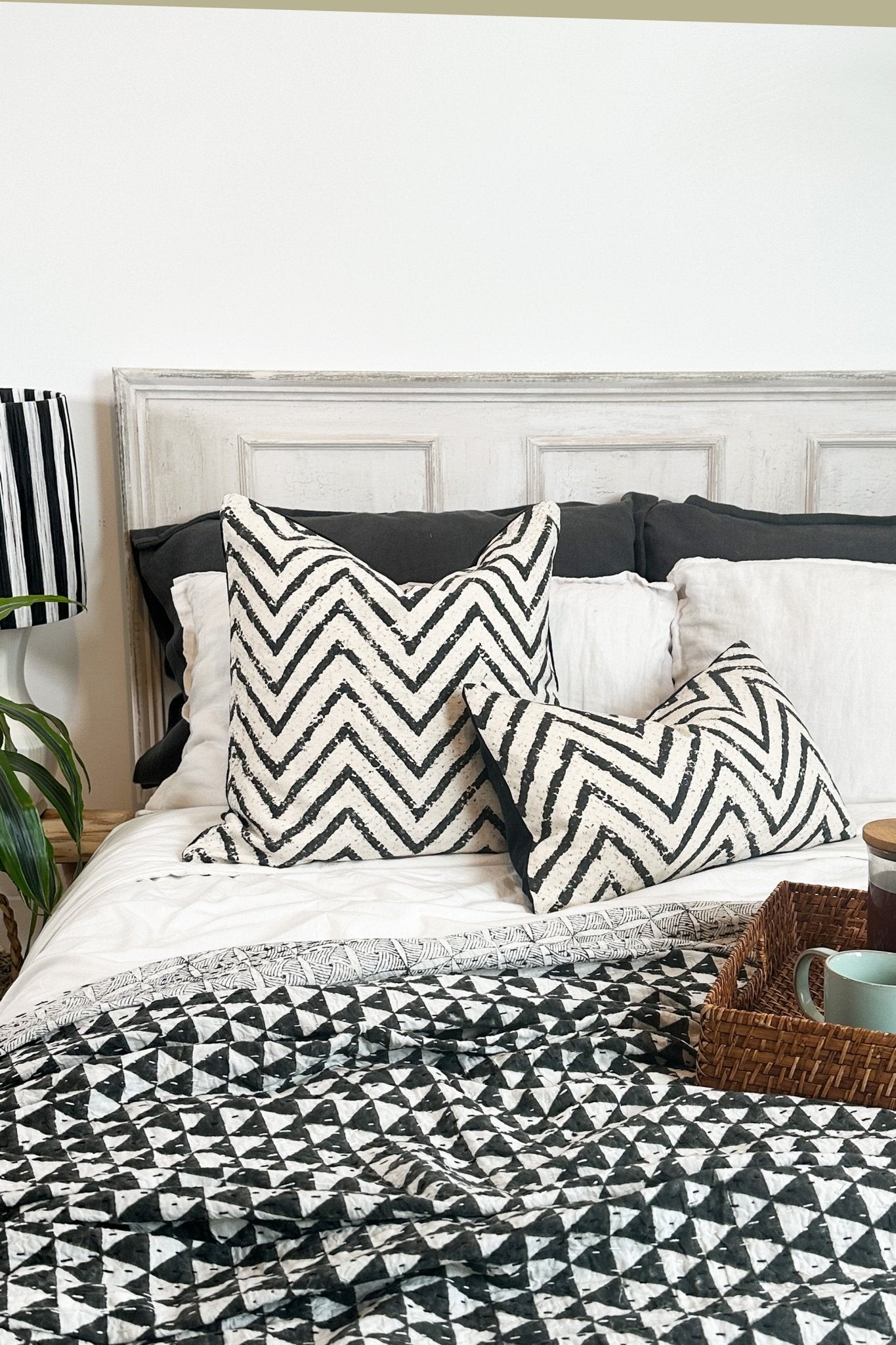 Large Black and Cream Chevron Cushion Cover in Cotton and Linen - Biggs & Hill