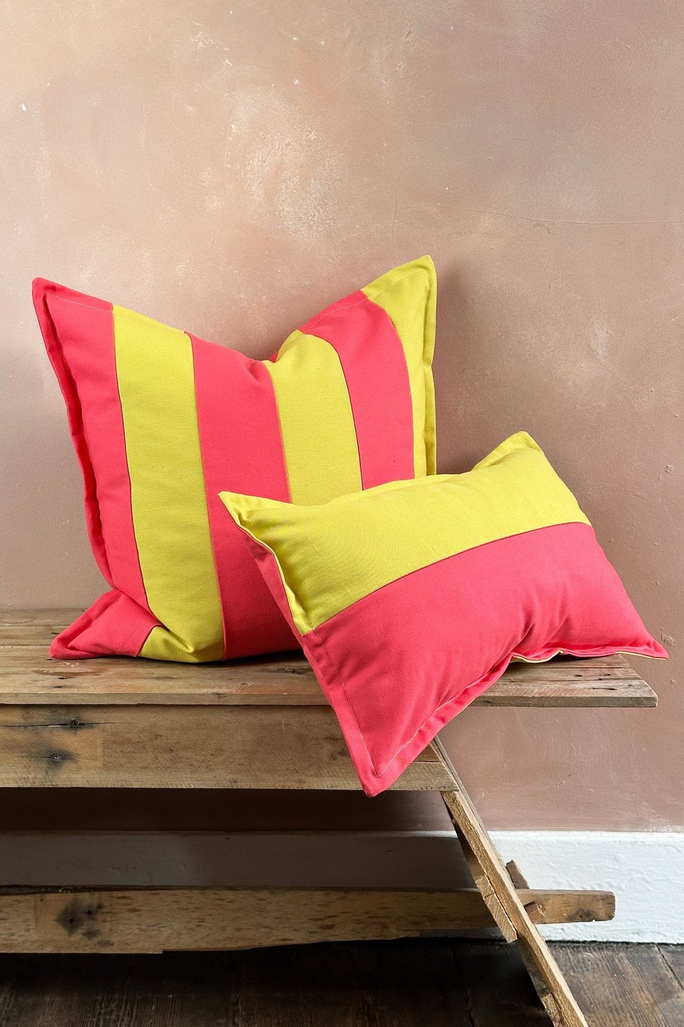 Lime Green And Pink Candy Striped Cotton Square Cushion - Biggs & Hill