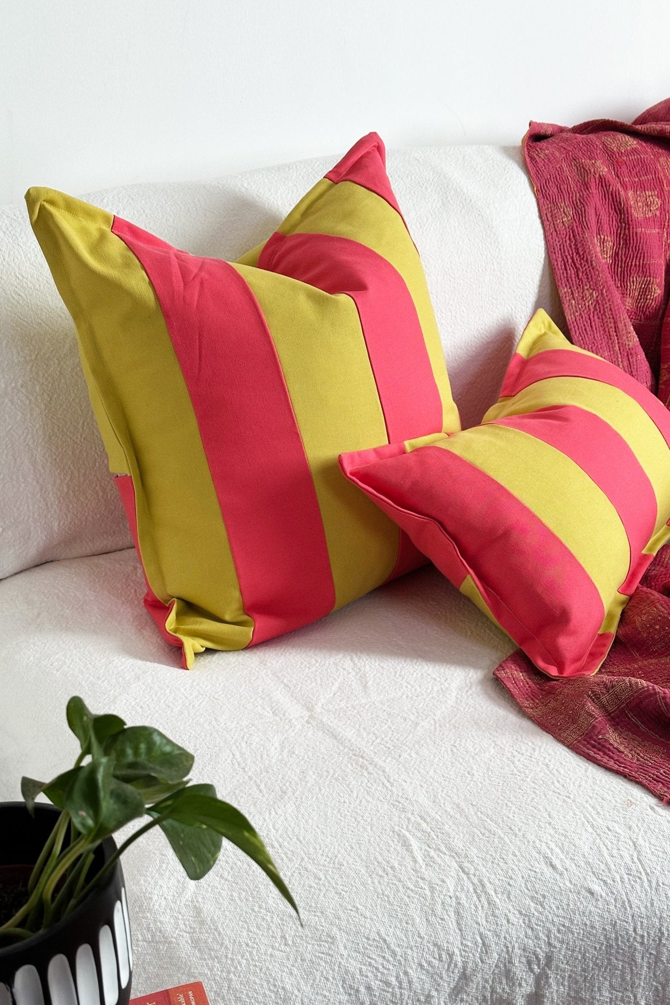 Lime Green And Pink Candy Striped Cotton Square Cushion - Biggs & Hill