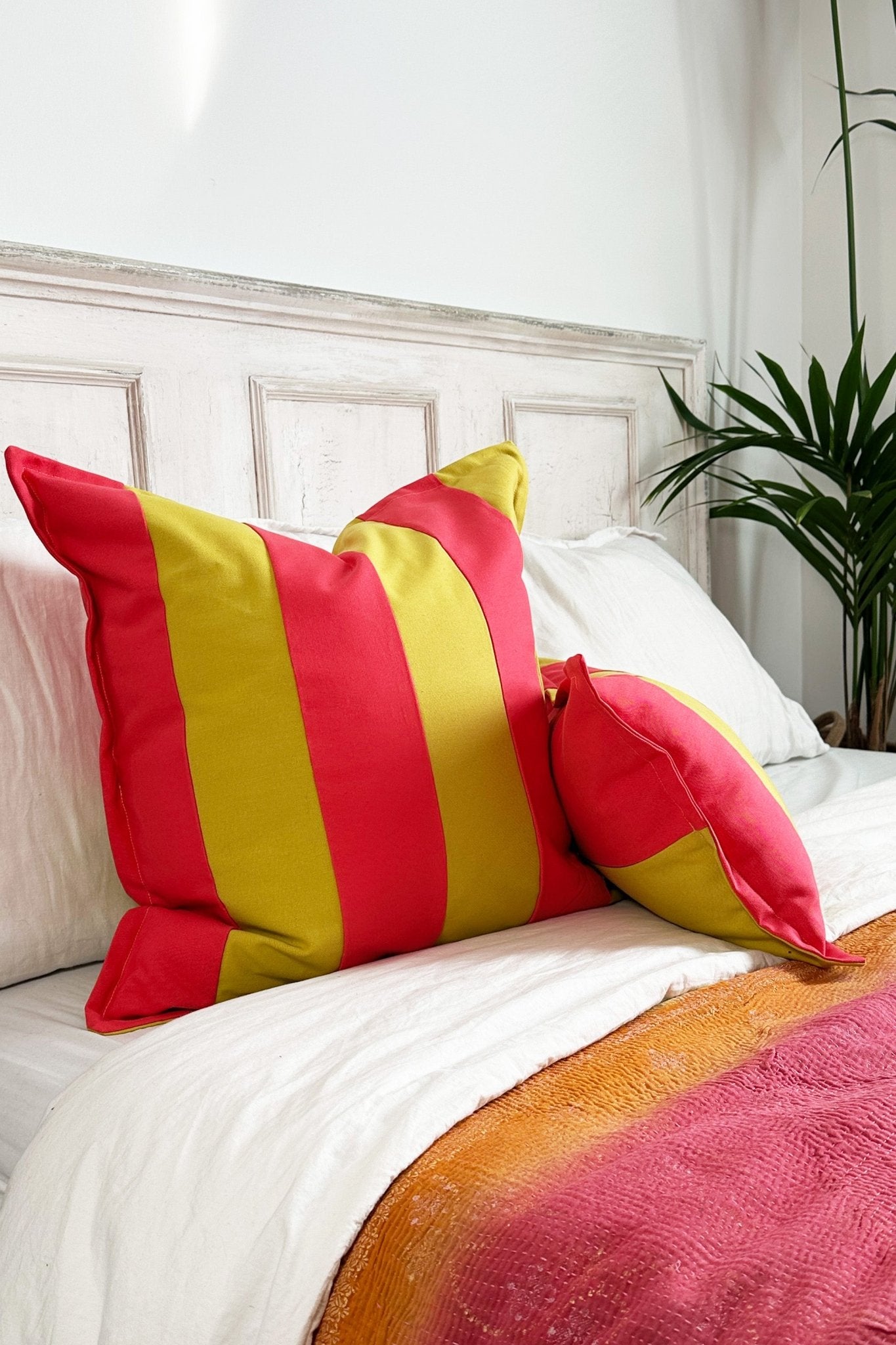 Lime Green And Pink Candy Striped Cotton Square Cushion - Biggs & Hill