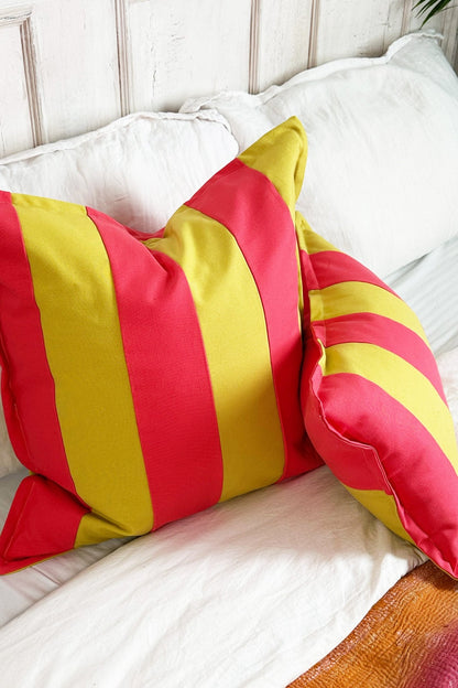 Lime Green And Pink Candy Striped Cotton Square Cushion - Biggs & Hill