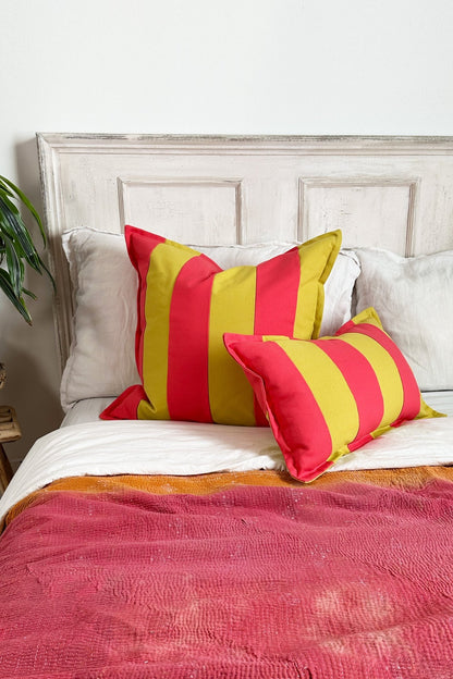 Lime Green And Pink Candy Striped Cotton Square Cushion - Biggs & Hill