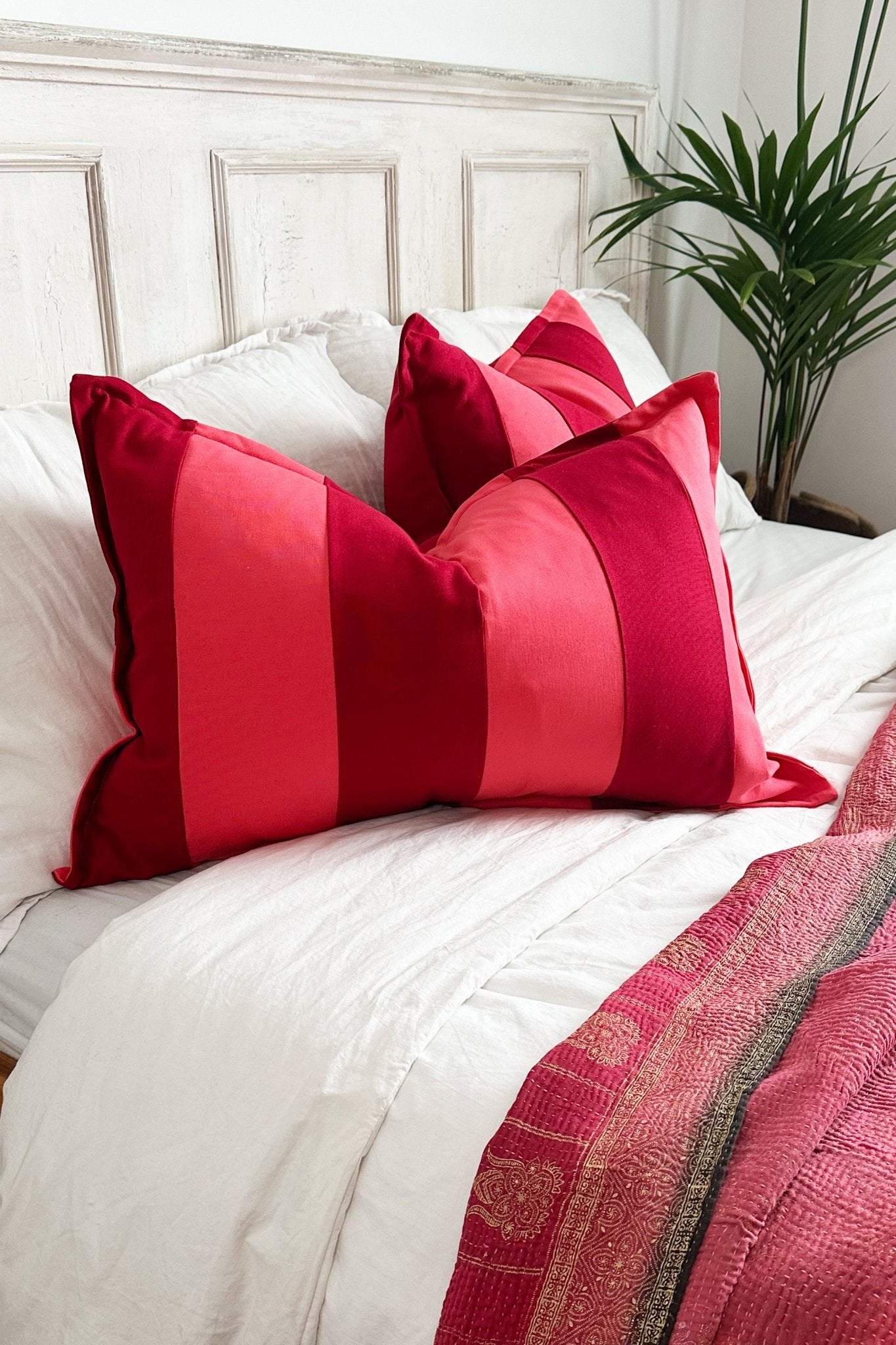 Red and Coral Pink Candy Striped Cotton Rectangular Cushion - Biggs & Hill