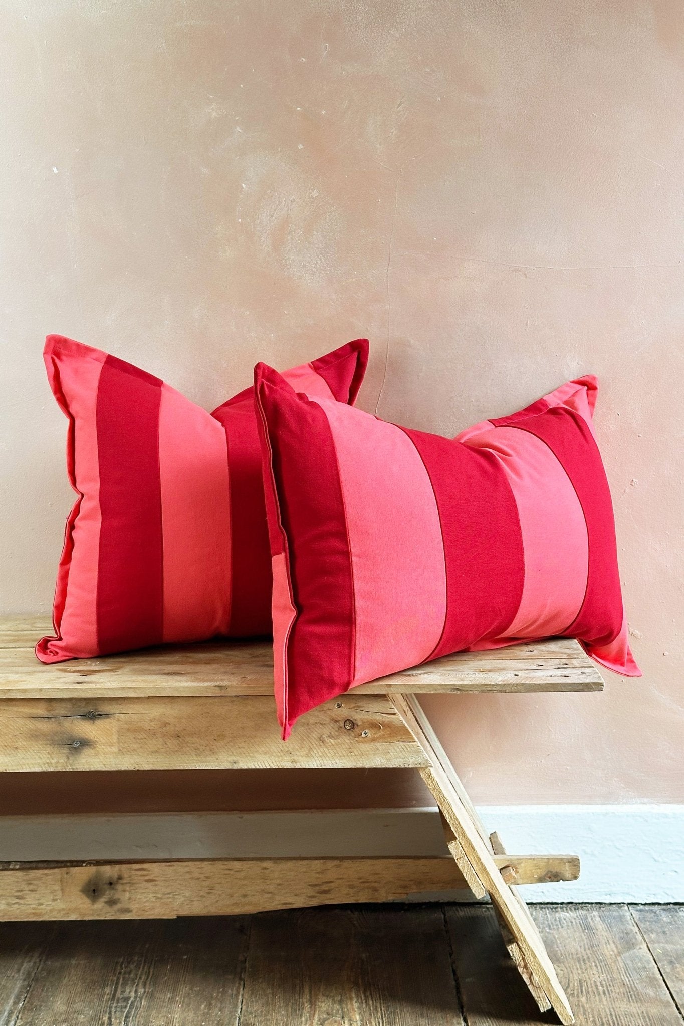 Red And Coral Pink Candy Striped Cotton Square Cushion - Biggs & Hill