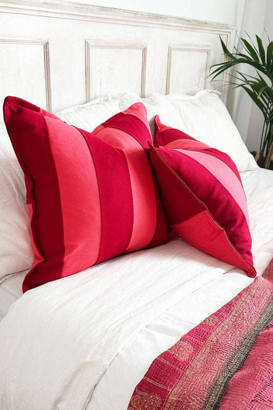 Red And Coral Pink Candy Striped Cotton Square Cushion - Biggs & Hill