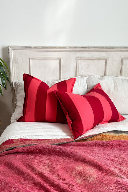 Red And Coral Pink Candy Striped Cotton Square Cushion - Biggs & Hill