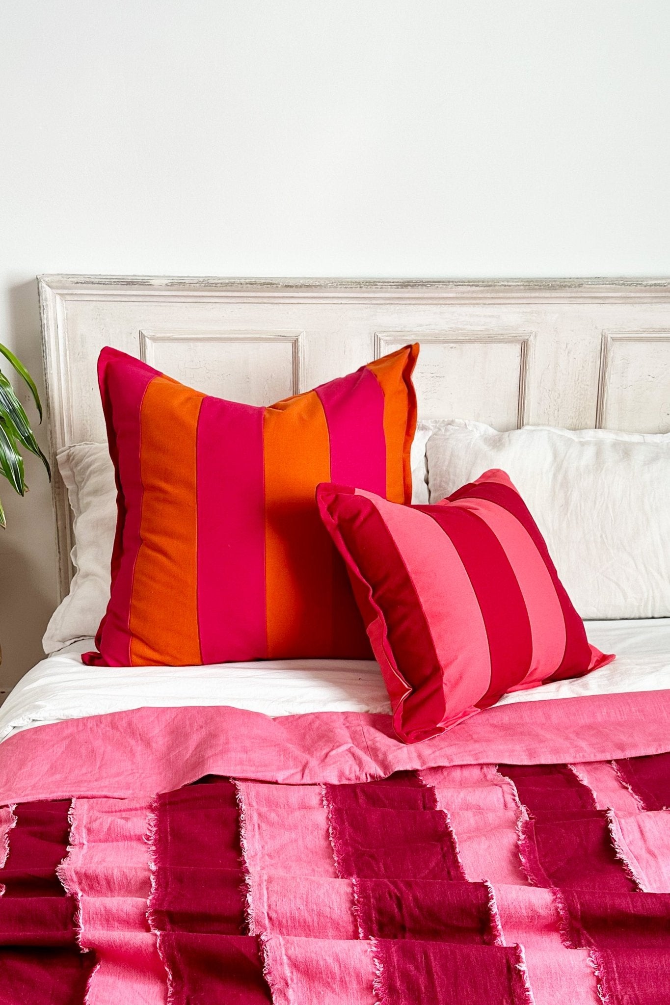 Red And Coral Pink Candy Striped Cotton Square Cushion - Biggs & Hill