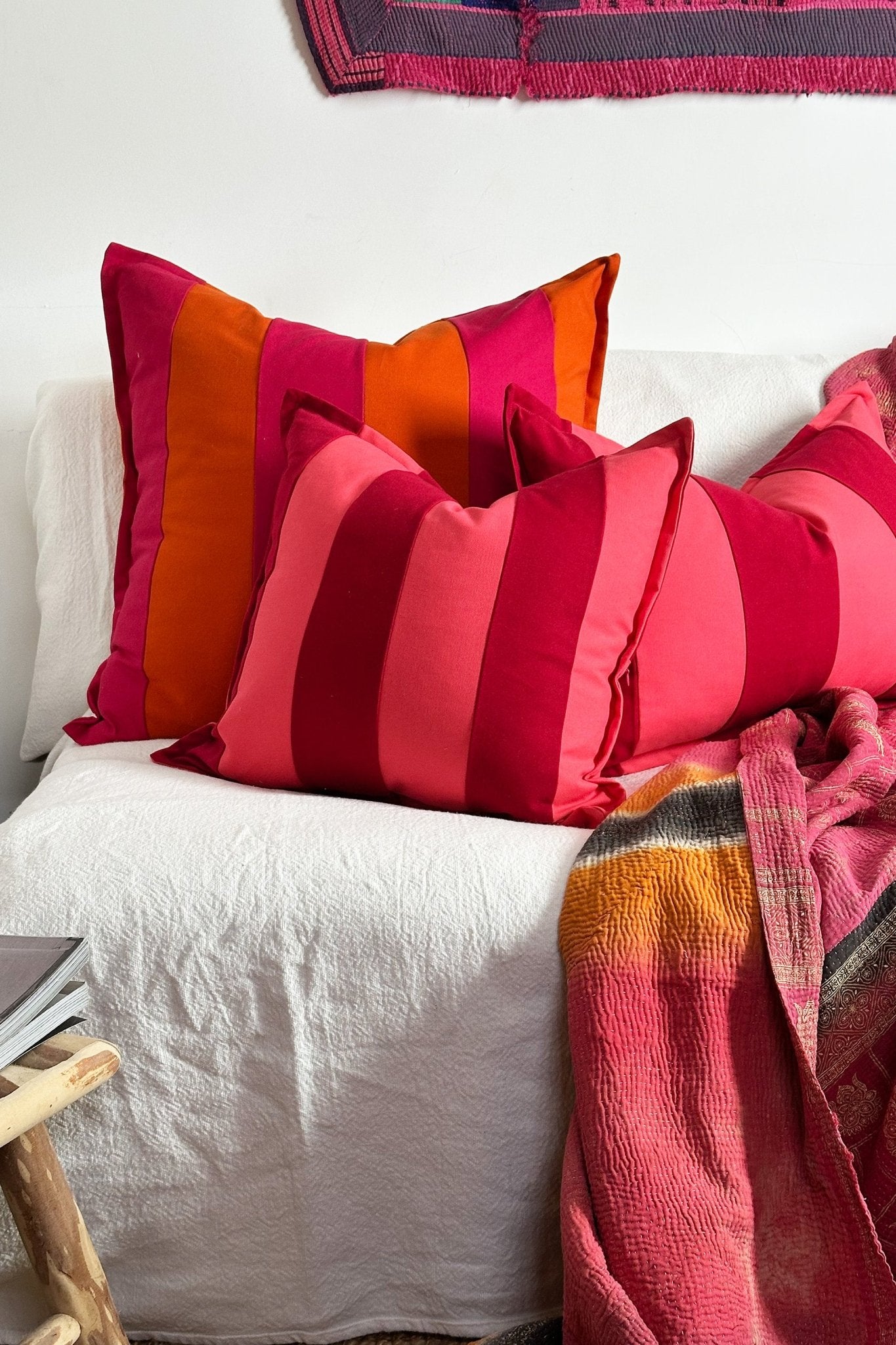 Red And Coral Pink Candy Striped Cotton Square Cushion - Biggs & Hill