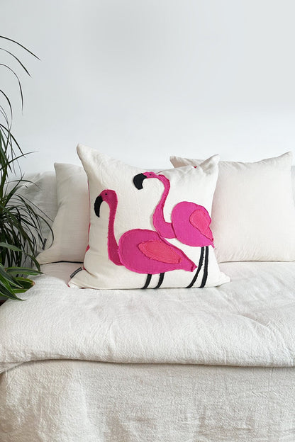 FLAMINGO! Handmade Appliqué Linen And Cotton Cushion - Biggs & Hill